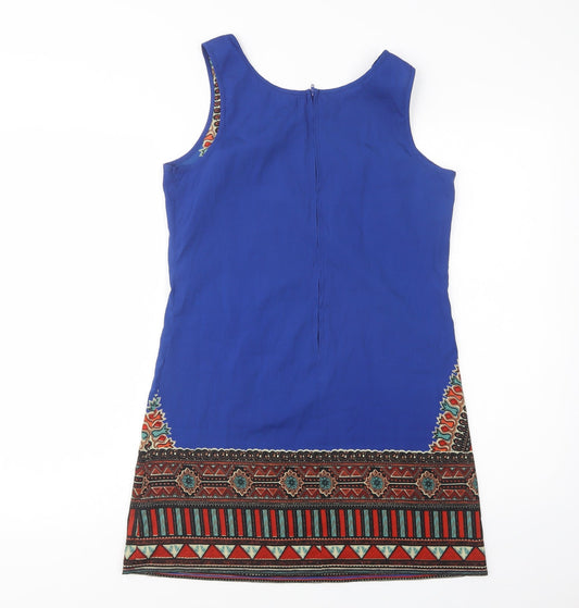 Band of Gypsies Womens Blue Geometric Polyester Tank Dress Size S Scoop Neck Zip
