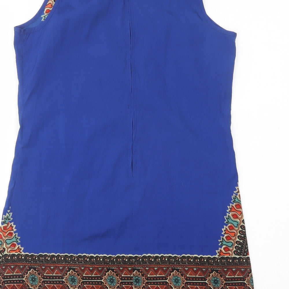 Band of Gypsies Womens Blue Geometric Polyester Tank Dress Size S Scoop Neck Zip