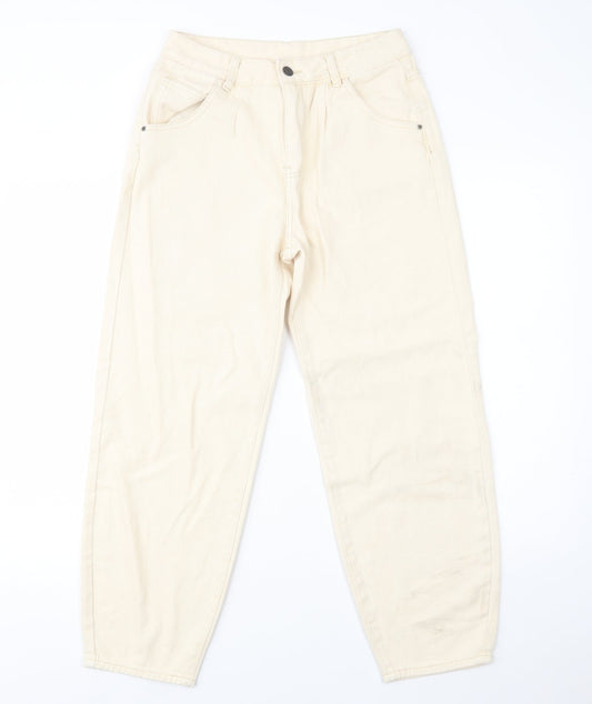 Additional front view of SHEIN women’s ivory cotton mom jeans, size M, 28-inch leg regular button