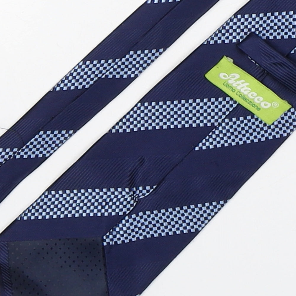 Brand and care label for Attacco men’s blue striped polyester pointed tie one size