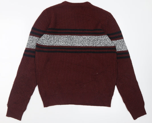 Primark Mens Red Crew Neck Striped Acrylic Pullover Jumper Size S