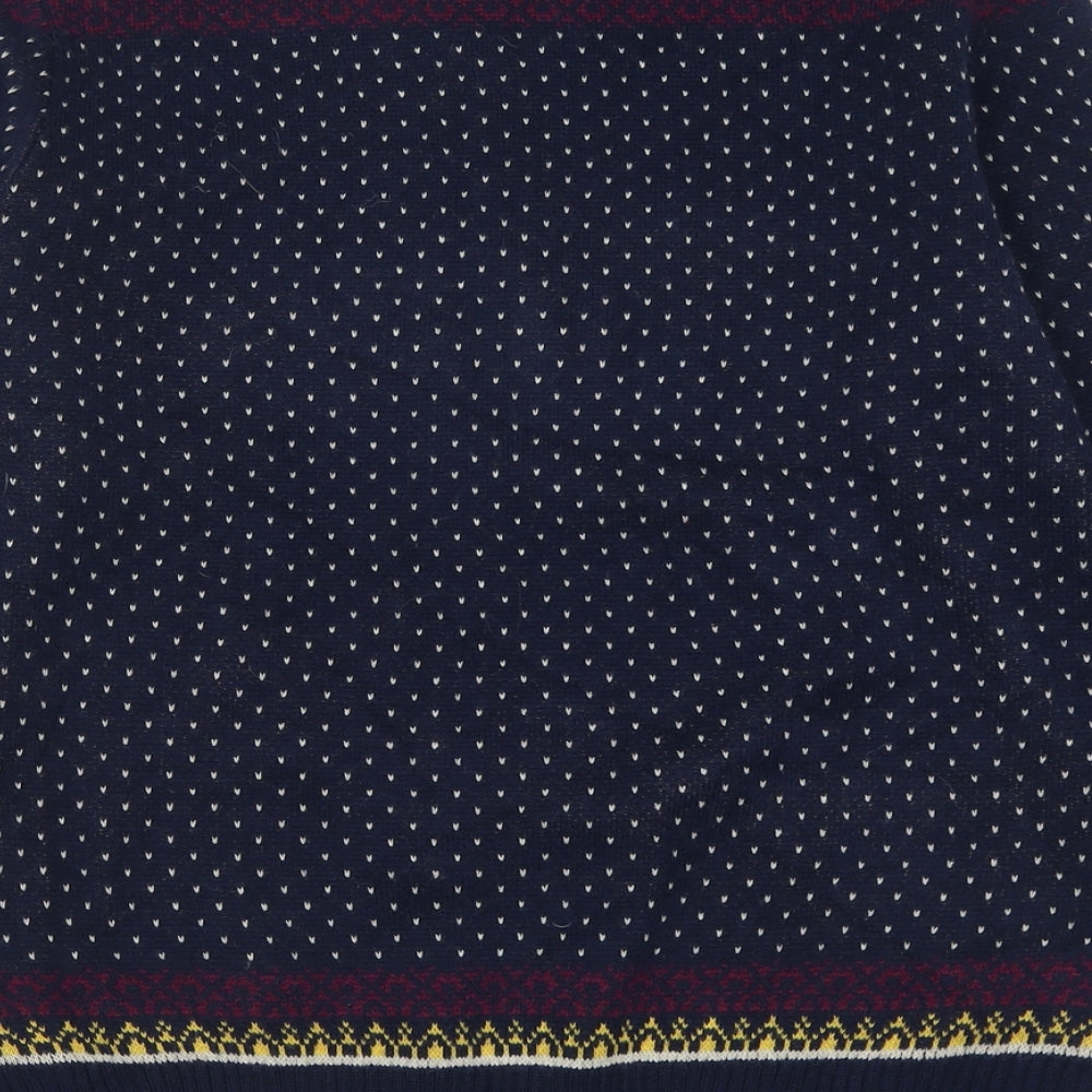 Brand and care label for Cedarwood State men’s blue crew neck polka dot acrylic jumper, size L