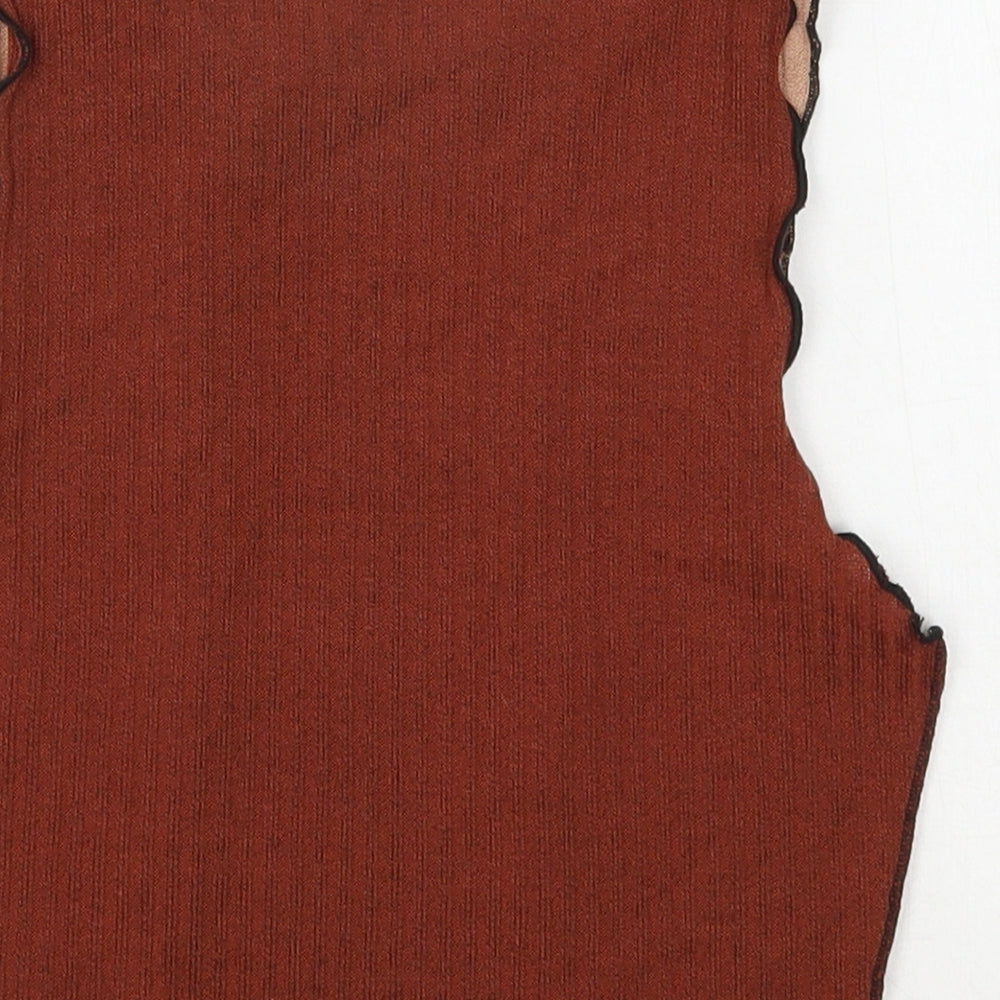 Brand and care label for SHEIN women’s brown polyester cropped tank, size XS, round neck