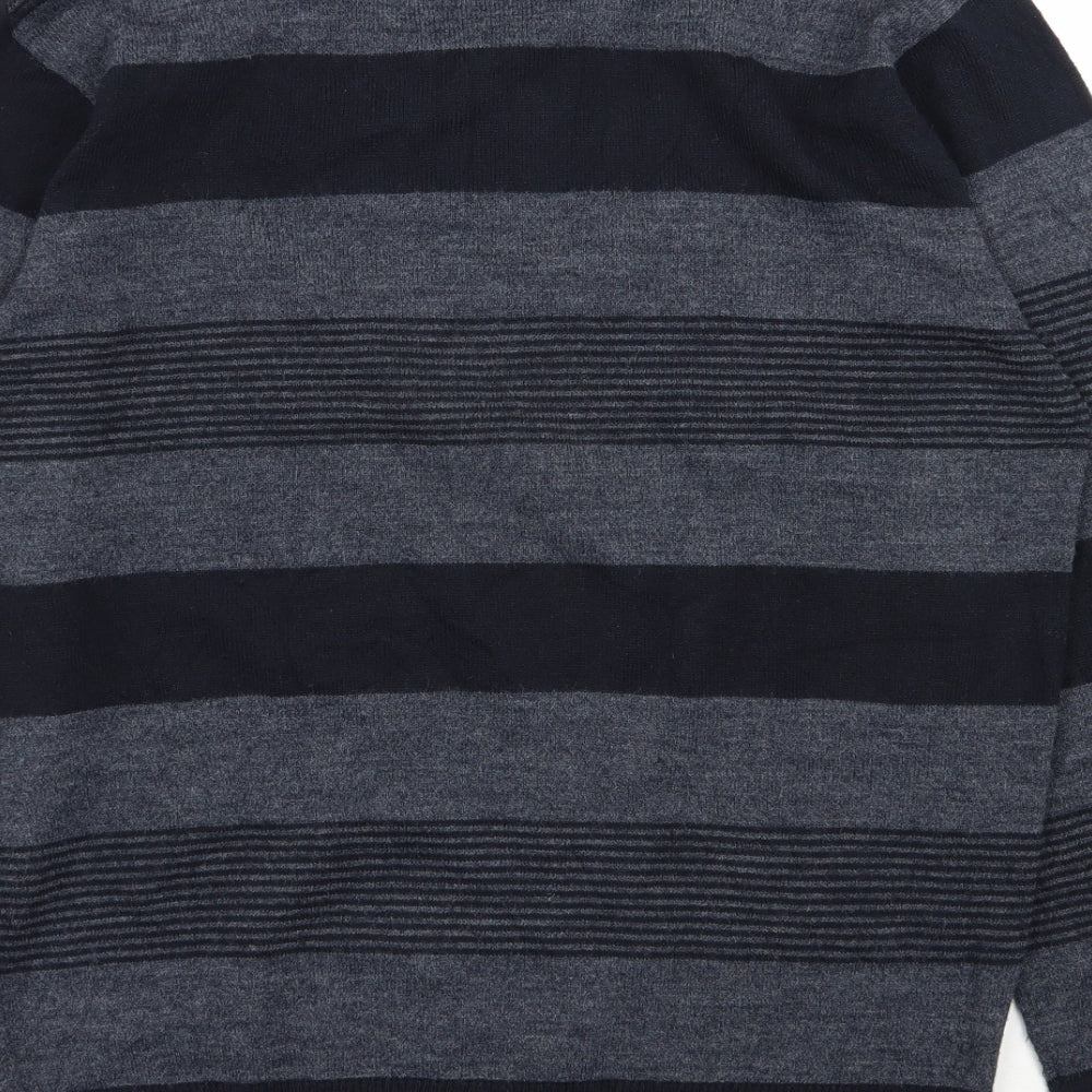 F&F Mens Blue V-Neck Striped Acrylic Pullover Jumper Size M