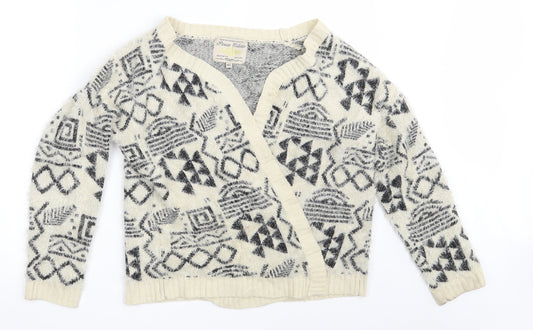 Parisian Collection Womens Beige V-Neck Geometric Acrylic Wrap Jumper Size M - Size M-L