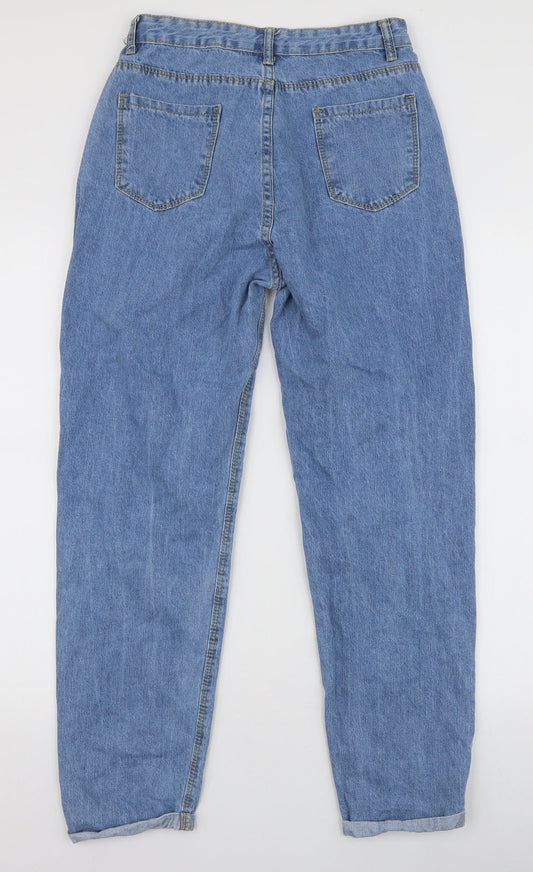 Back view of SHEIN women’s blue cotton mom jeans, size S, 27-inch leg regular zip