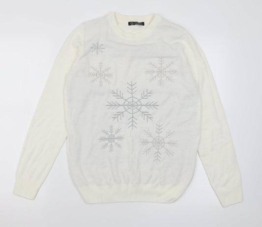 Additional front view of Avenue women’s ivory crew neck acrylic jumper, size S, - snow flakes