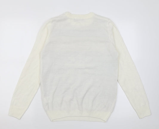 Avenue Womens Ivory Crew Neck Acrylic Pullover Jumper Size S - Snow Flakes