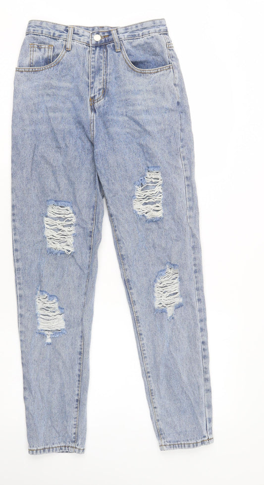 Additional front view of SHEIN women’s blue camel boyfriend jeans, size XS, 31-inch leg regular button