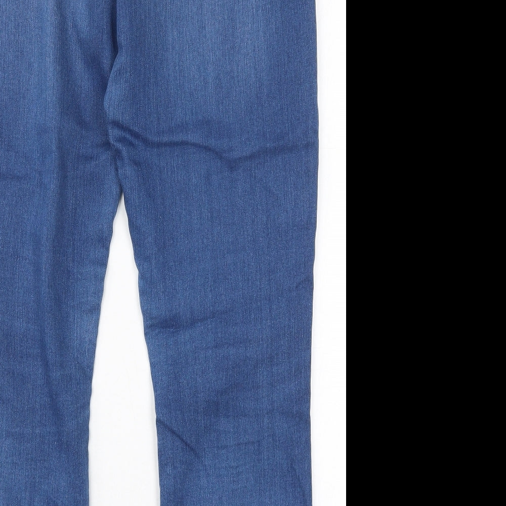 Brand and care label for Dorothy Perkins women’s blue cotton skinny jeans, size UK 12, 29-inch leg regular button