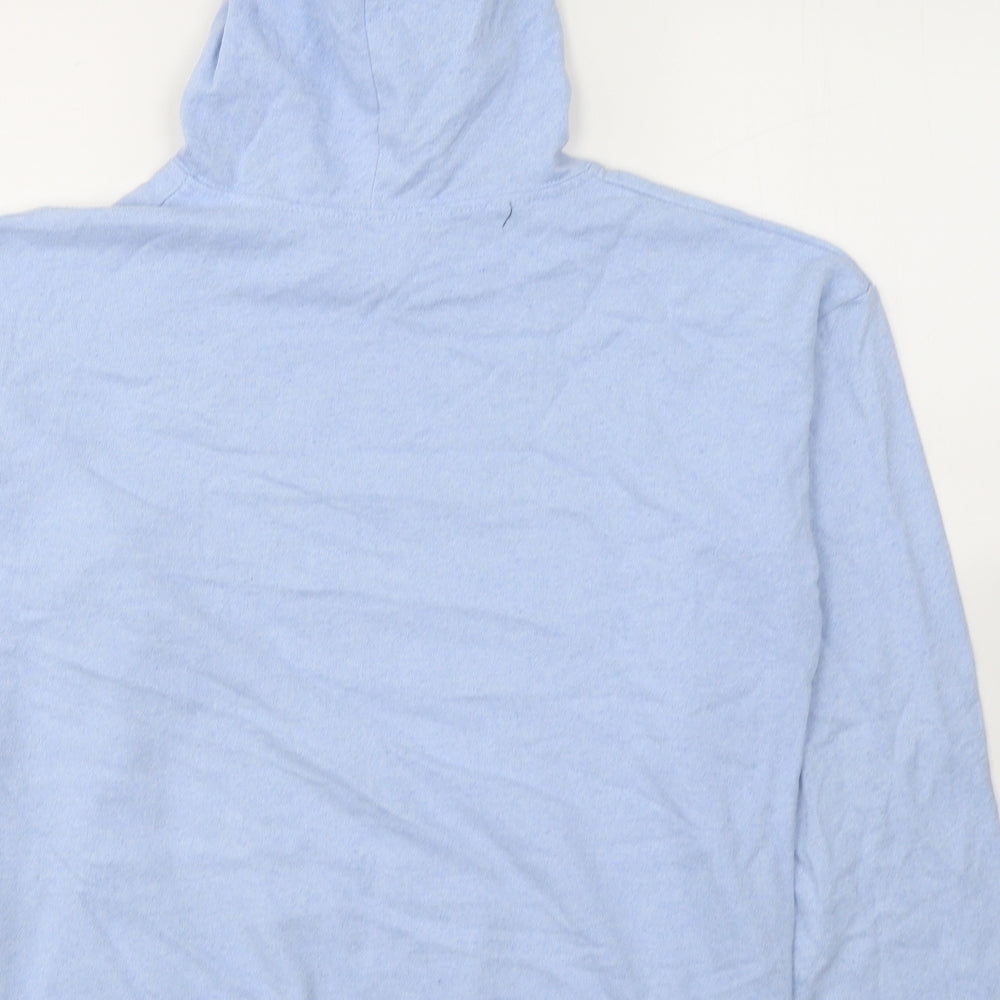 Brand and care label for I SAW IT FIRST women’s blue cotton pullover hoodie, size XS, pullover