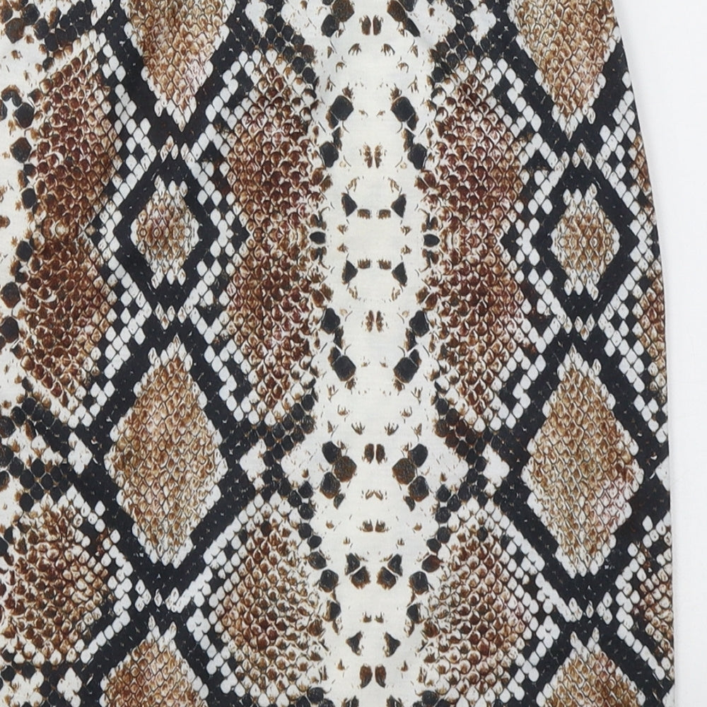 Brand and care label for PRETTYLITTLETHING women’s multicoloured animal print polyester a-line skirt, size UK 8