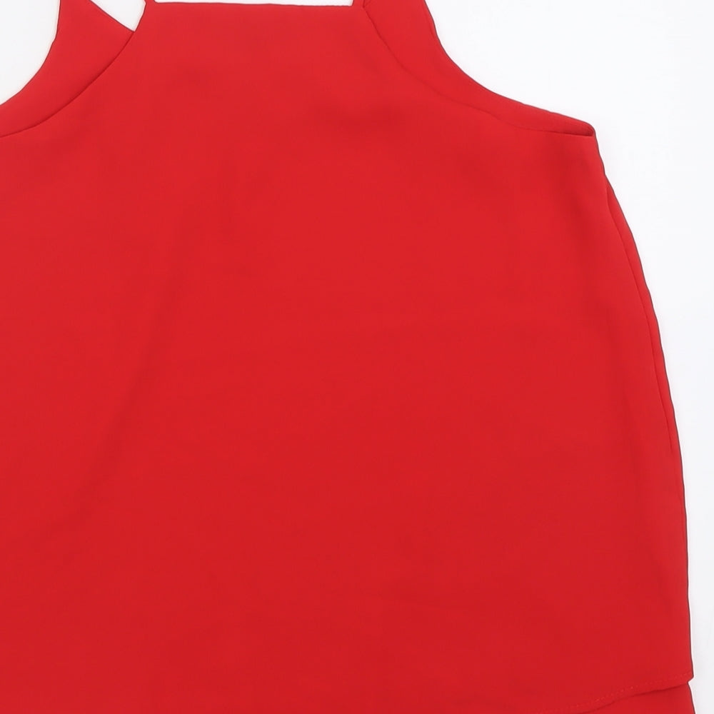 Brand and care label for ESMARA women’s red polyester basic tank, size UK 14, scoop neck