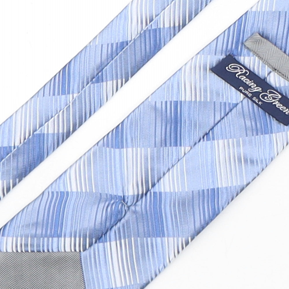 Brand and care label for Racing Green men’s blue striped silk pointed tie one size