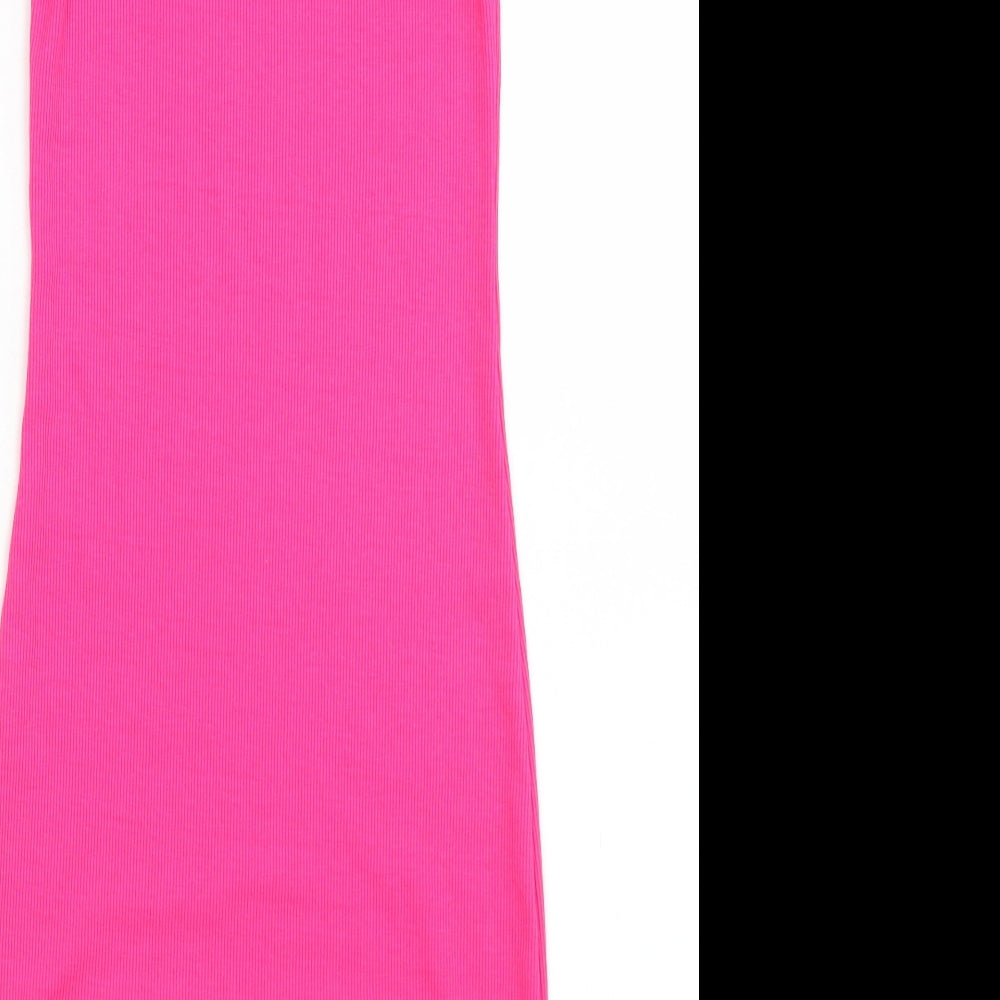 Brand and care label for Divided women’s pink polyester bodycon, size XS, crew neck