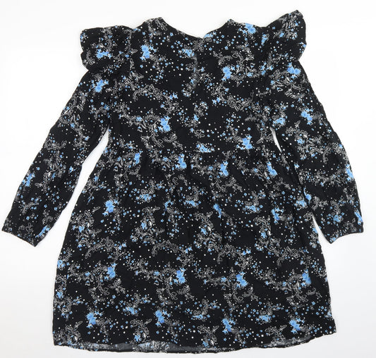 Miss Selfridge Womens Black Floral Viscose Trapeze & Swing Size 8 Round Neck Button - Smock Dress