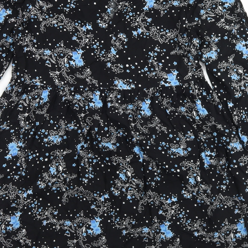 Brand and care label for Miss Selfridge women’s black floral viscose trapeze & swing, round neck button - smock dress