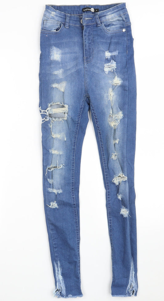 Additional front view of Boohoo women’s blue cotton skinny jeans, size UK 6, 27-inch leg slim zip