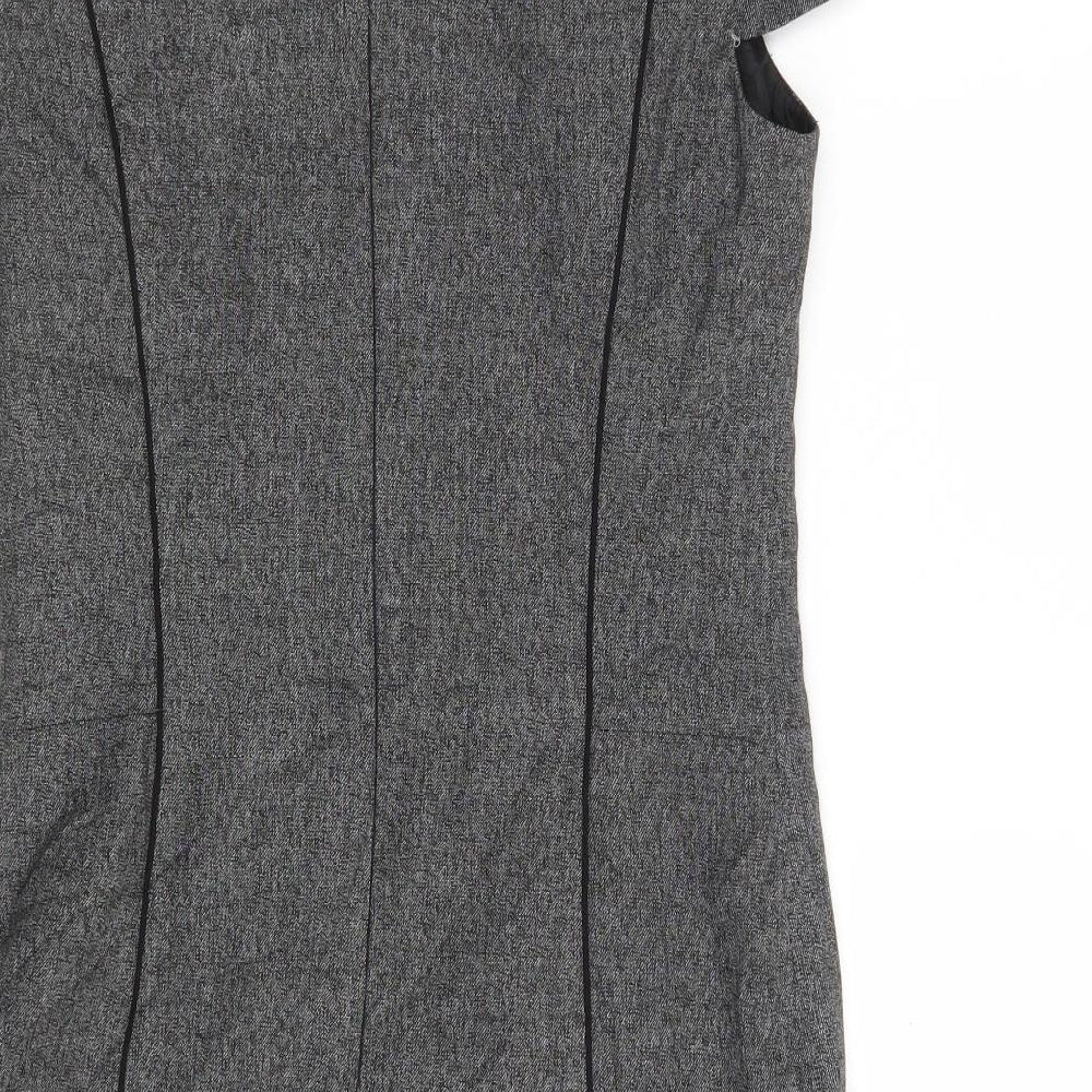 Brand and care label for Next women’s grey polyester a-line, size UK 8, boat neck zip