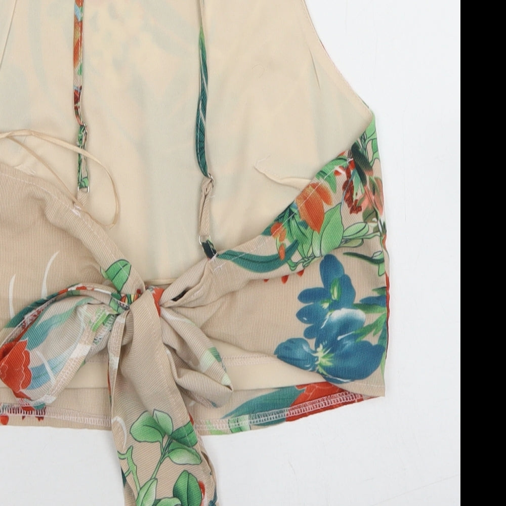 Brand and care label for Quiz women’s beige floral polyester camisole blouse, size UK 12, square neck - cropped