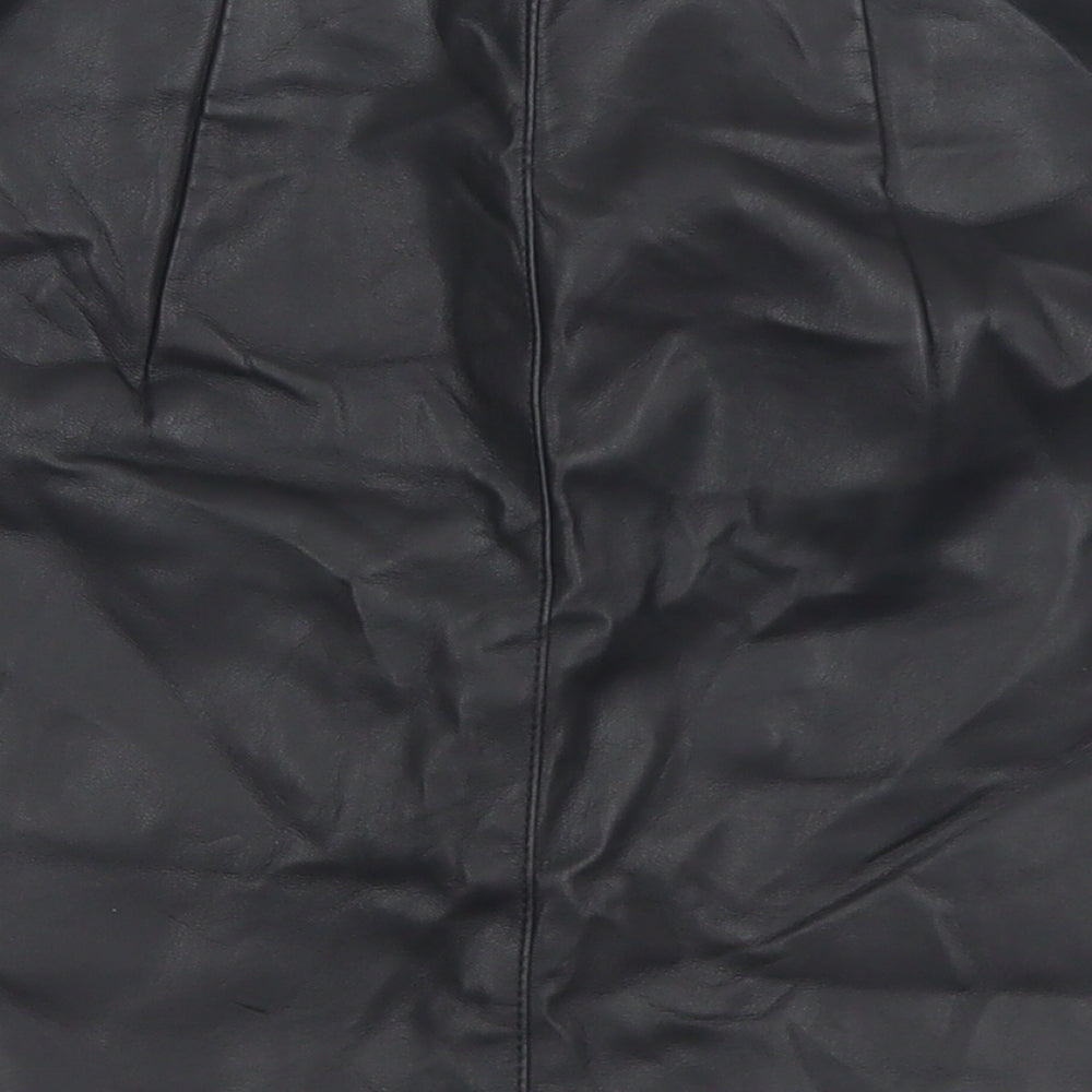 Brand and care label for Divided women’s black polyester a-line skirt, size UK 4, snap