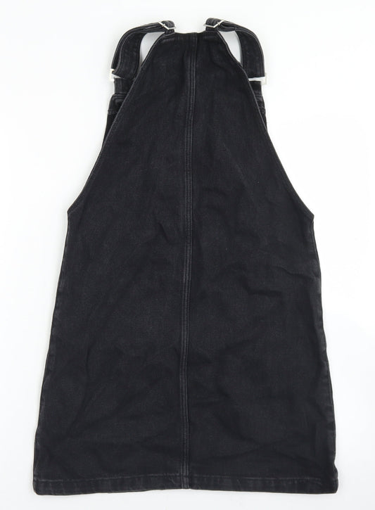 New Look Womens Black Cotton Pinafore/Dungaree Dress Size 6 Square Neck Button