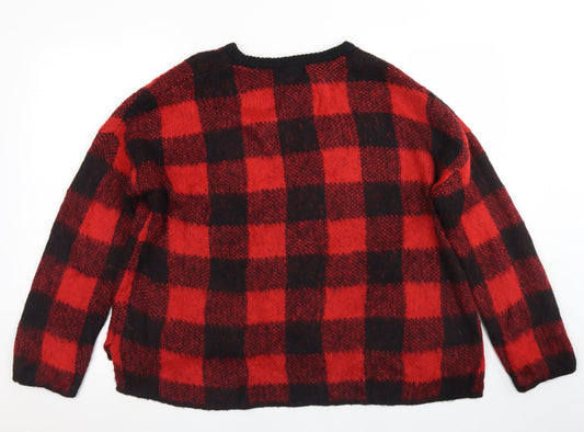 Primark Womens Red Crew Neck Check Acrylic Pullover Jumper Size S