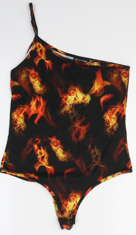 PRETTYLITTLETHING Womens Black Geometric Polyester Bodysuit One-Piece Size 10 Button