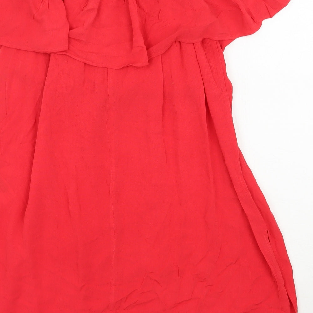 Brand and care label for New Look women’s red viscose trapeze & swing, size M, off the shoulder pullover