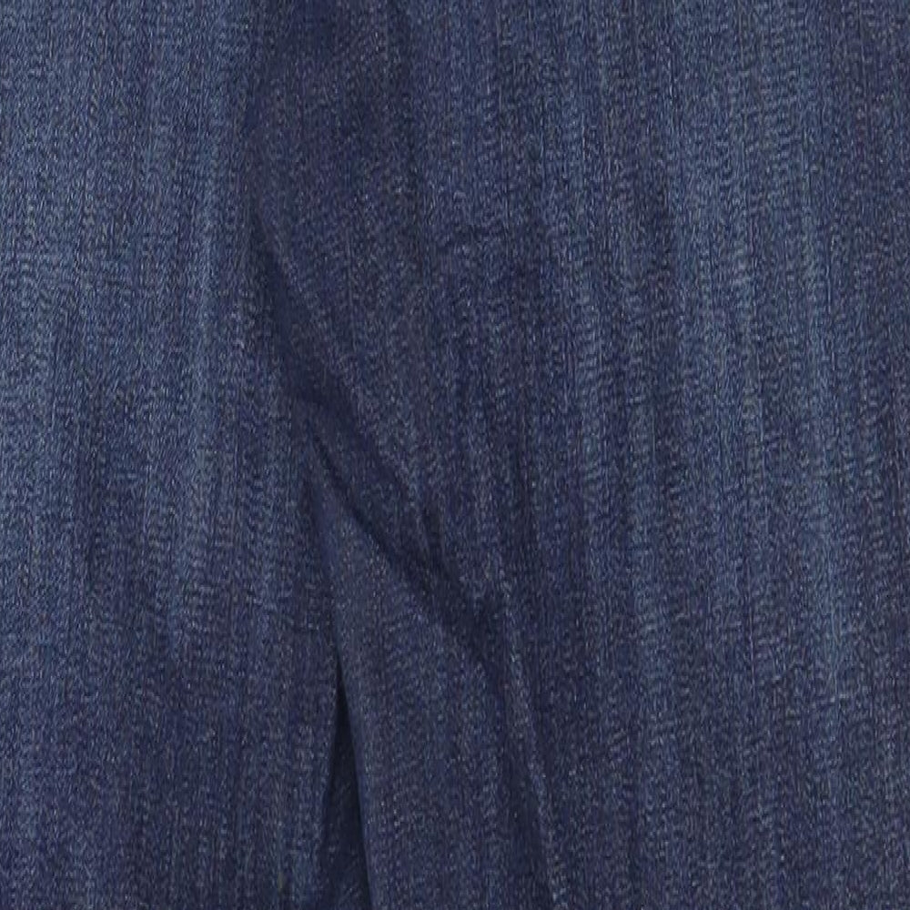 Brand and care label for Topshop women’s blue cotton skinny jeans, size UK 28, in, 25-inch leg regular zip