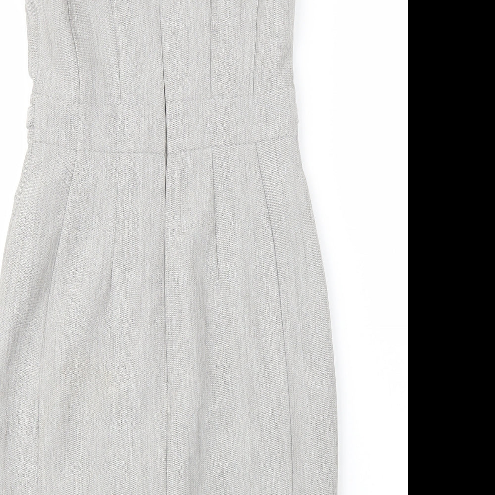 Brand and care label for Primark women’s grey polyester pencil dress, size UK 4, boat neck zip