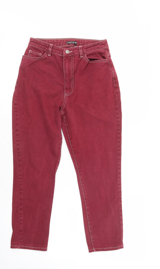 Additional front view of Nasty Gal women’s purple cotton tapered jeans, size UK 6, 25-inch leg regular button