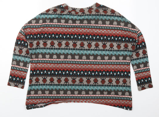 QED London Womens Brown Geometric Polyester Basic T-Shirt Size 10 Crew Neck