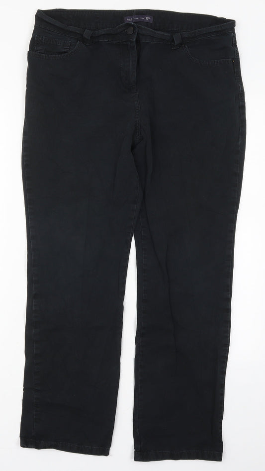 Marks and Spencer Womens Black Cotton Trousers Size 14 L27 in Regular Button