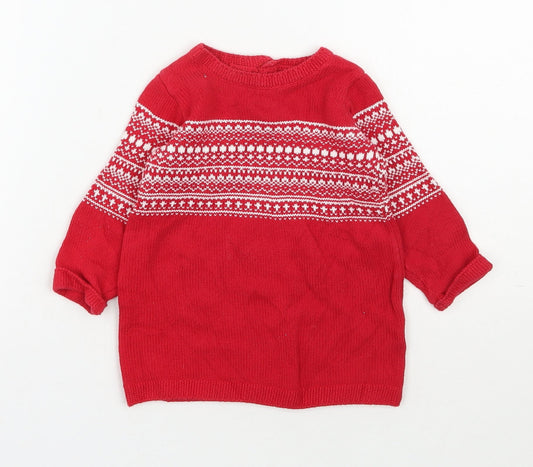 NEXT Girls Red Fair Isle Cotton Tunic Jumper Size 6-9 Months Pullover