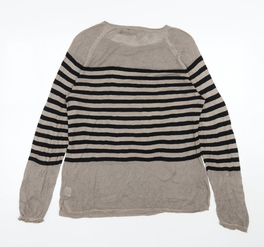 Back view of 525 america women’s brown round neck striped viscose jumper, size UK 14