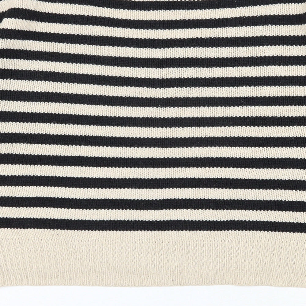 Brand and care label for H&M women’s beige scoop neck striped acrylic jumper, size UK 10