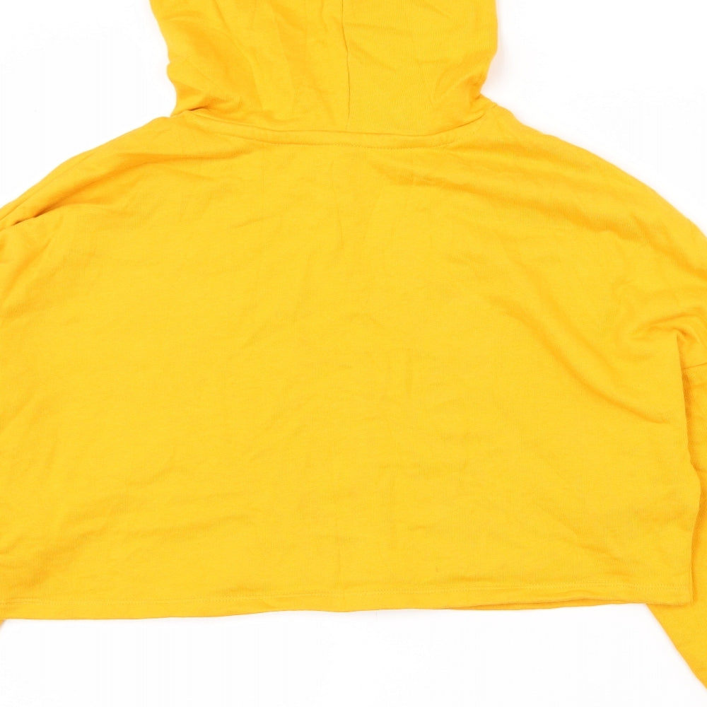 Brand and care label for H&M women’s yellow 100% cotton pullover hoodie, size XS, pullover - cropped