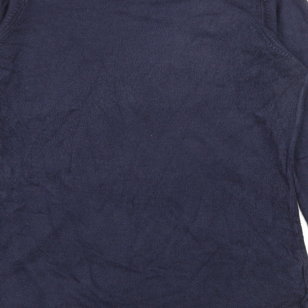 Brand and care label for Isabelle women’s blue round neck acrylic jumper, size S, - floral embroidery