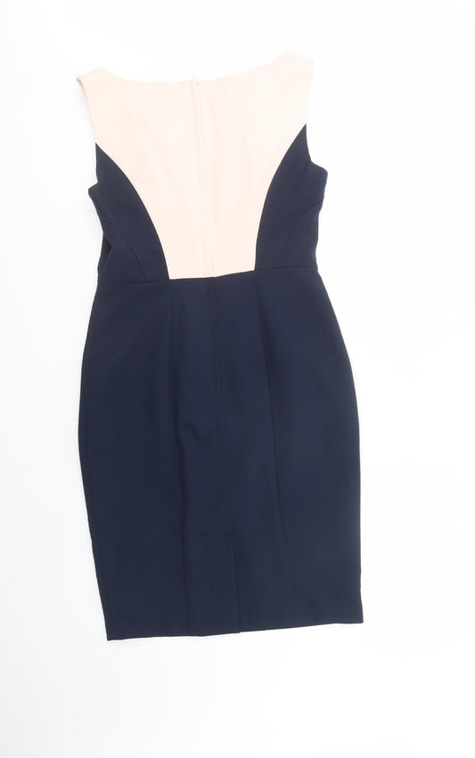 Dorothy Perkins Womens Blue Colourblock Polyester Pencil Dress Size 10 V-Neck Zip