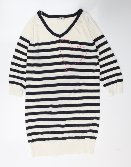 Additional front view of Tu women’s white striped acrylic jumper dress, size UK 10, v-neck pullover - heart