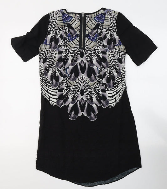 Warehouse Womens Black Geometric Viscose A-Line Size 10 Round Neck Zip