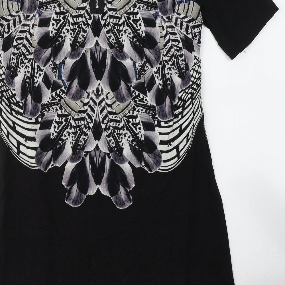 Warehouse Womens Black Geometric Viscose A-Line Size 10 Round Neck Zip