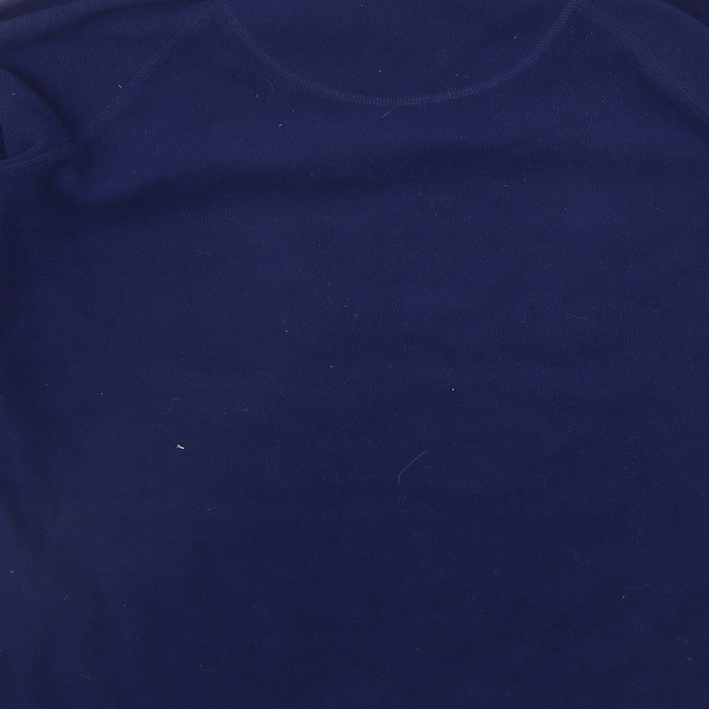 Brand and care label for Crane women’s blue polyester pullover sweatshirt, size M