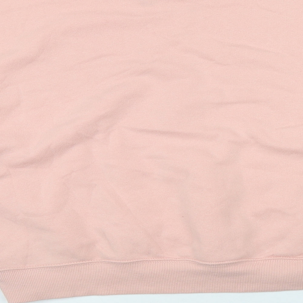 Brand and care label for H&M women’s pink cotton pullover sweatshirt, size XS, - 'angel youth'