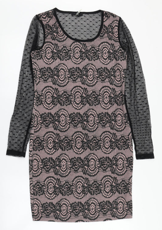Yest Womens Black Geometric Polyester Pencil Dress Size 8 Round Neck Pullover - Mesh sleeves