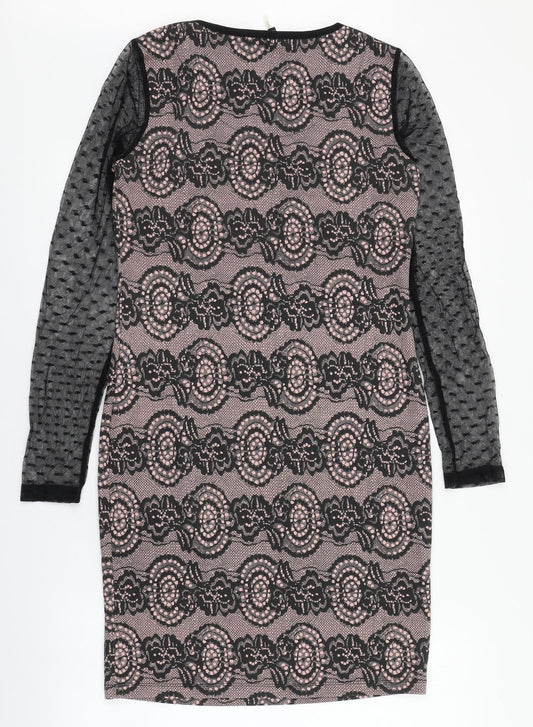 Yest Womens Black Geometric Polyester Pencil Dress Size 8 Round Neck Pullover - Mesh sleeves