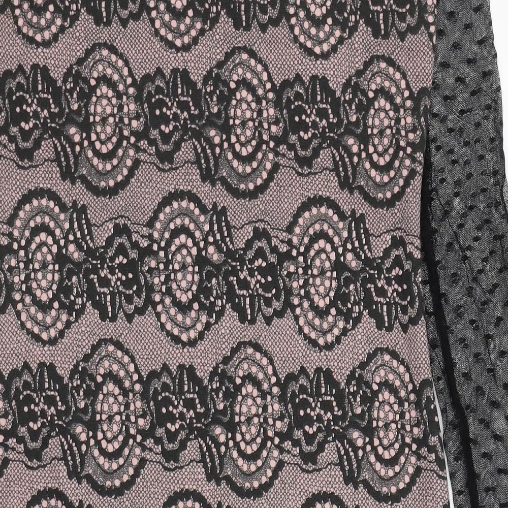 Brand and care label for Yest women’s black geometric polyester pencil dress, size UK 8, round neck pullover - mesh sleeves
