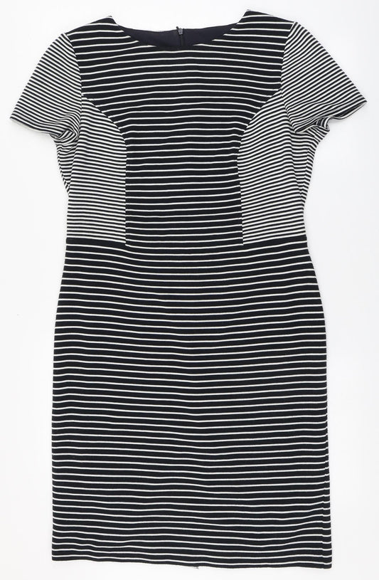 Additional front view of Country Casuals women’s blue striped acrylic bodycon, size UK 14, round neck zip - back split