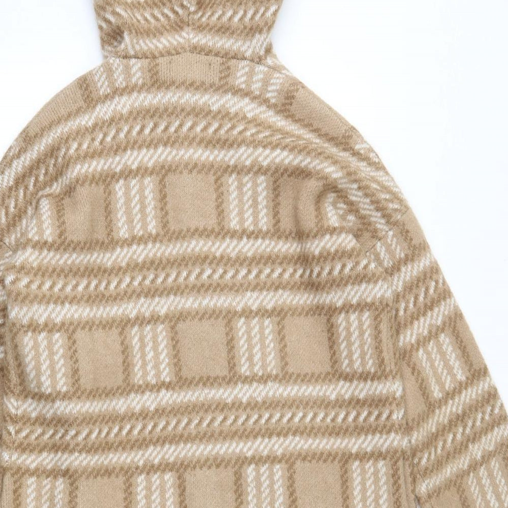 Brand and care label for Primark women’s brown round neck plaid acrylic cardigan jumper, size XS